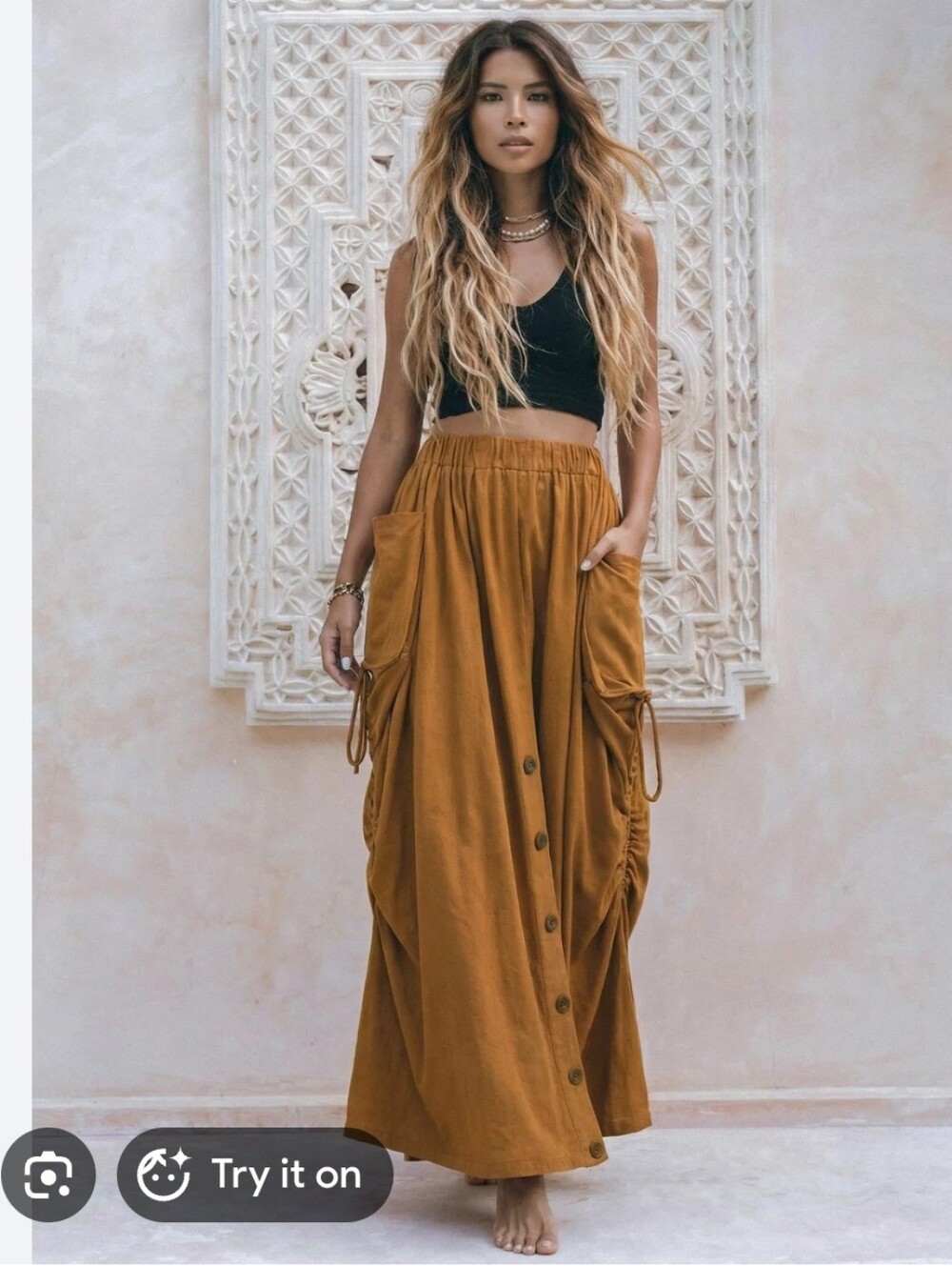 Women's Cotton Ruched Drawstring Wide-Leg Pant Or Skirt - Orange
